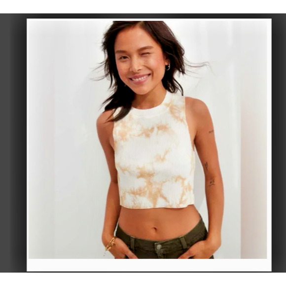 aerie Tops - NWOT AERIE Women’s Rebel Cropped White Beige Tie Dye Tank Top L Large NEW